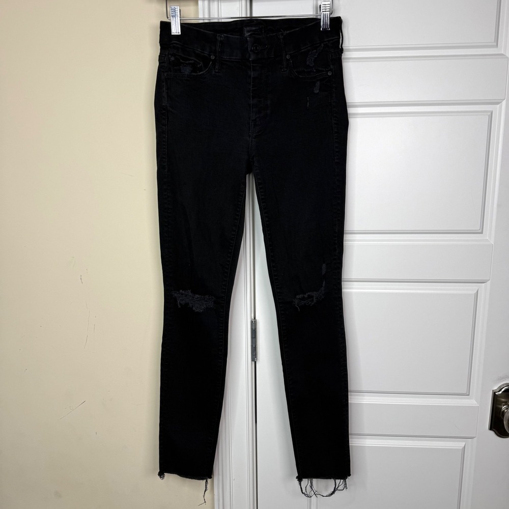 Mother Looker Ankle Fray Jeans Womens 26 Black Guilty As Sin Distressed Skinny